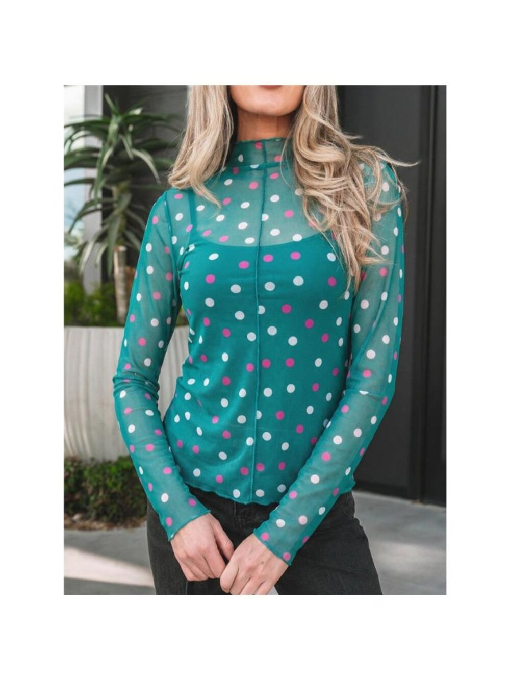 Polka Dot Patterned Bodycon Mock Neck Mesh Long Sleeve Top